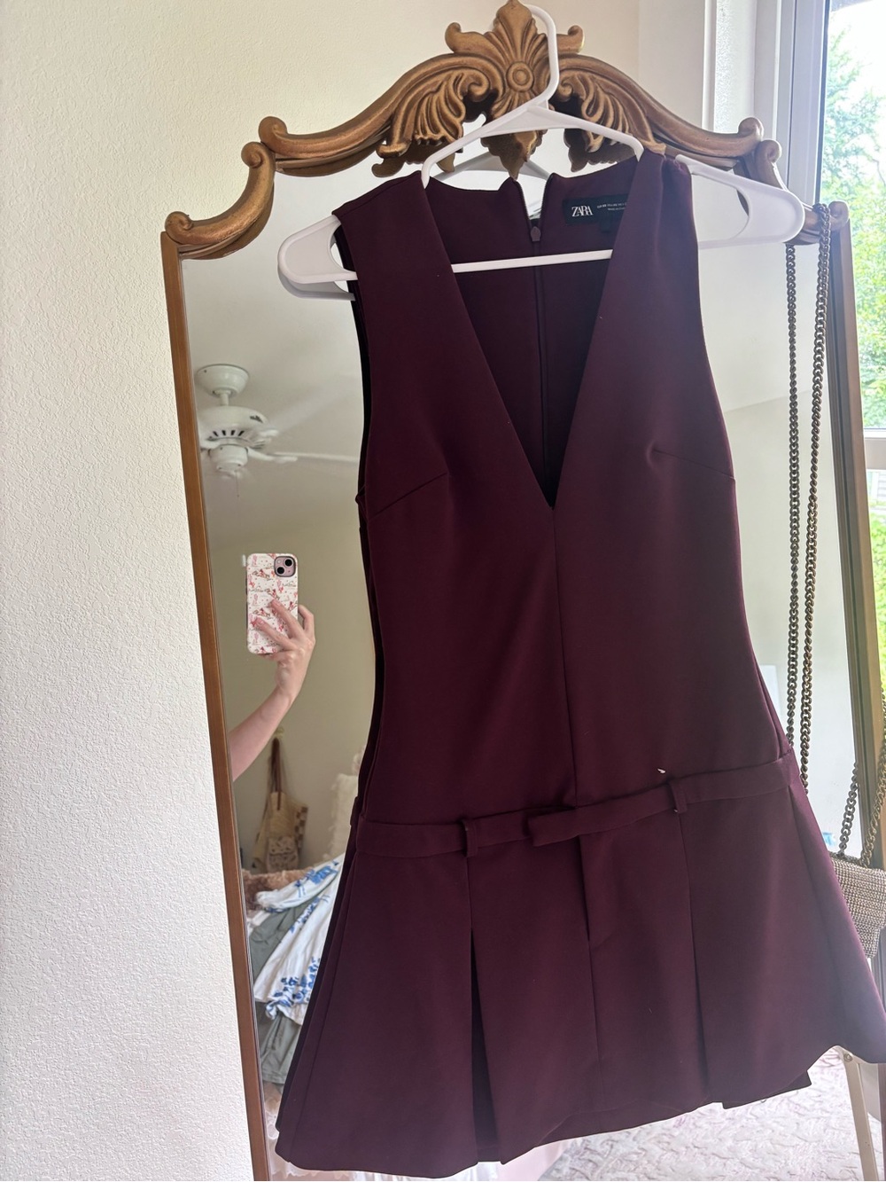 Zara Sleeveless V-Neck Pleated Mini Dress in Burgundy